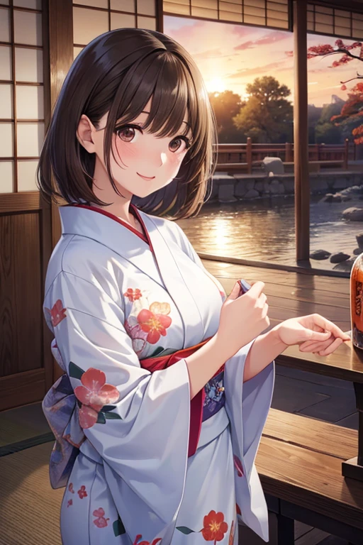 anegasaki nene、Shiny brown hair, short hair, (Beautiful brown eyes、Sparkling eyes, Fine grain)、smile、Ultra-detailed eyes、Highly detailed face, Highly detailed eyes,Cowboy Shot、



masterpiece、Highest quality、High resolution、High-quality images、
8K, 1 female、Skin Radiance、Texture of skin and clothing、Fine grainの表現、realism, detailed manga style, Manga art style, Perfect line drawing, Beautiful line art, digital manga art girl,   Fuller lips, Gorgeous face with attention to detail, (かわいいsmile), charm, Innocent, Side view, (Perfectly detailed face), (Beautiful Hands) Photorealistic images, Written boundary depth,  yukata ,(firework,Goldfish,bubble),(Outdoor,fan,Jean Frame),(Traditional Japan atmosphere:1.2),(sunset: 1.1))