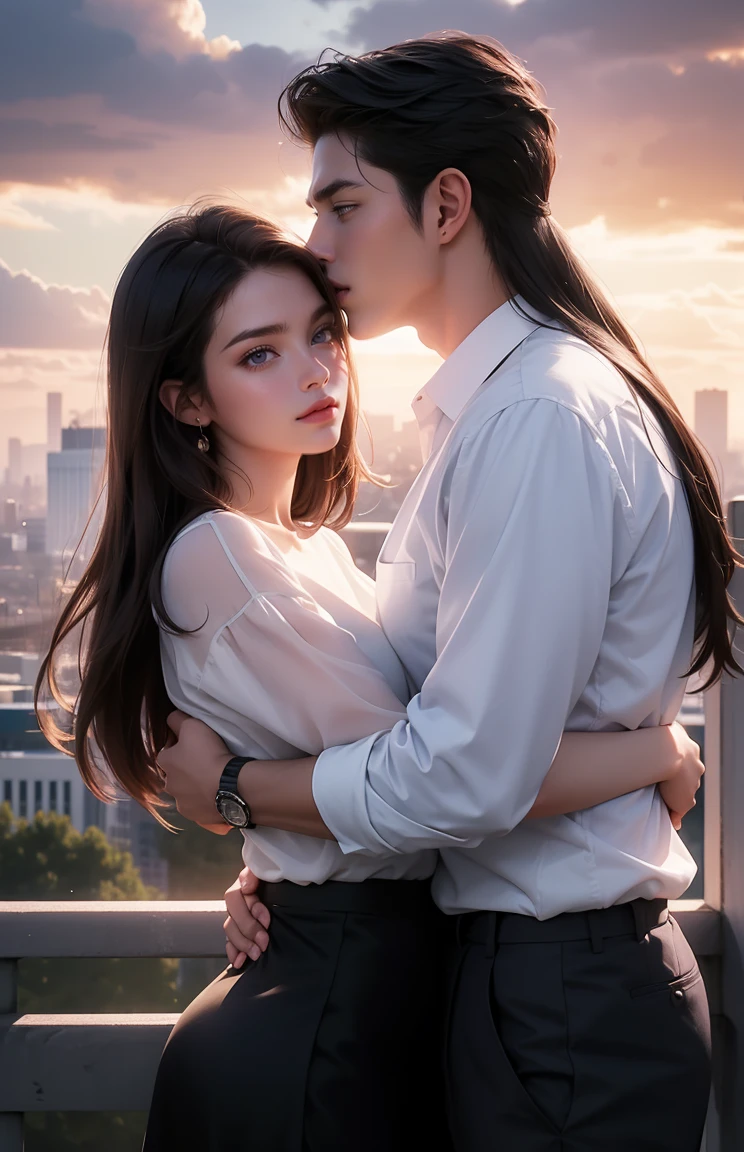 1 man,1woman, woman in long hair, woman look like Karina Aespa, brown hair, purple eyes, white shirt, black skirt, man in musculair, man look idol, suit, trained, man are taller than woman, man hug the woman, background city and sky sunset cloudy