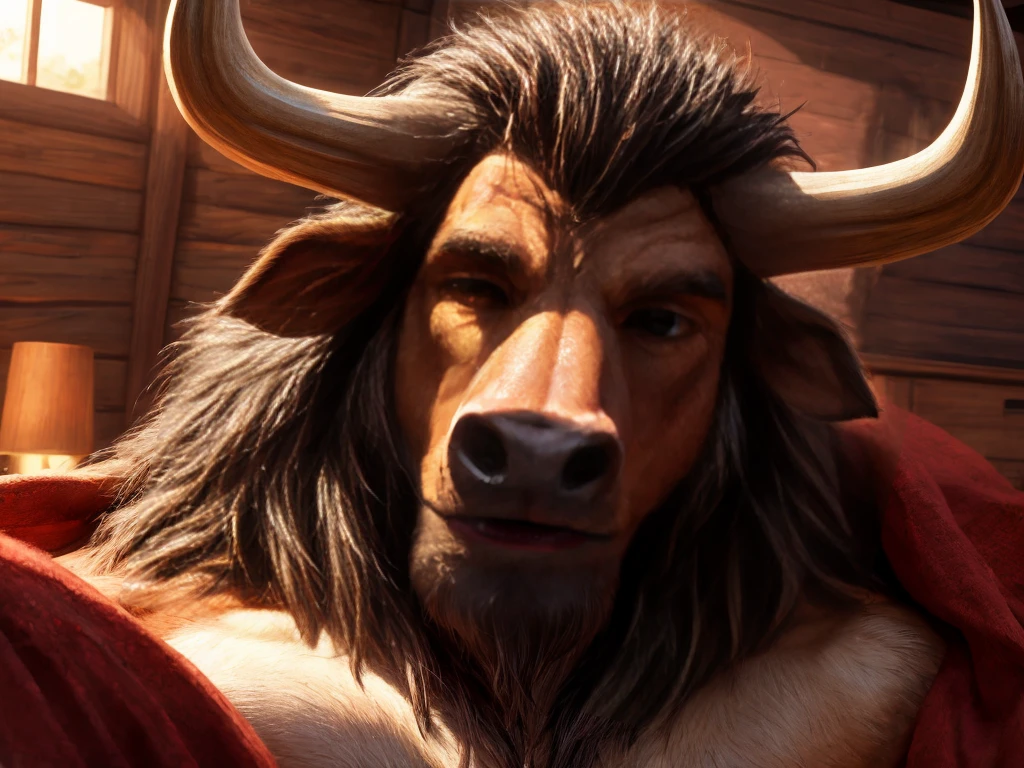 (best quality, 4k, 8k, high resolution, life-like, masterpiece:1.2), ultra detallado, (photographic rendering:1.1), portrait, profesional, vivid colors, Sharp focus, (hyperrealistic textures, morning light:1.05), detailed textures, (warm color tone:0.9), a brown minotaur, ((laying in bed)), brown eyes, looking at viewer, looking peaceful, muscular, bovine face, combed hair mane, in his 30s, smirk