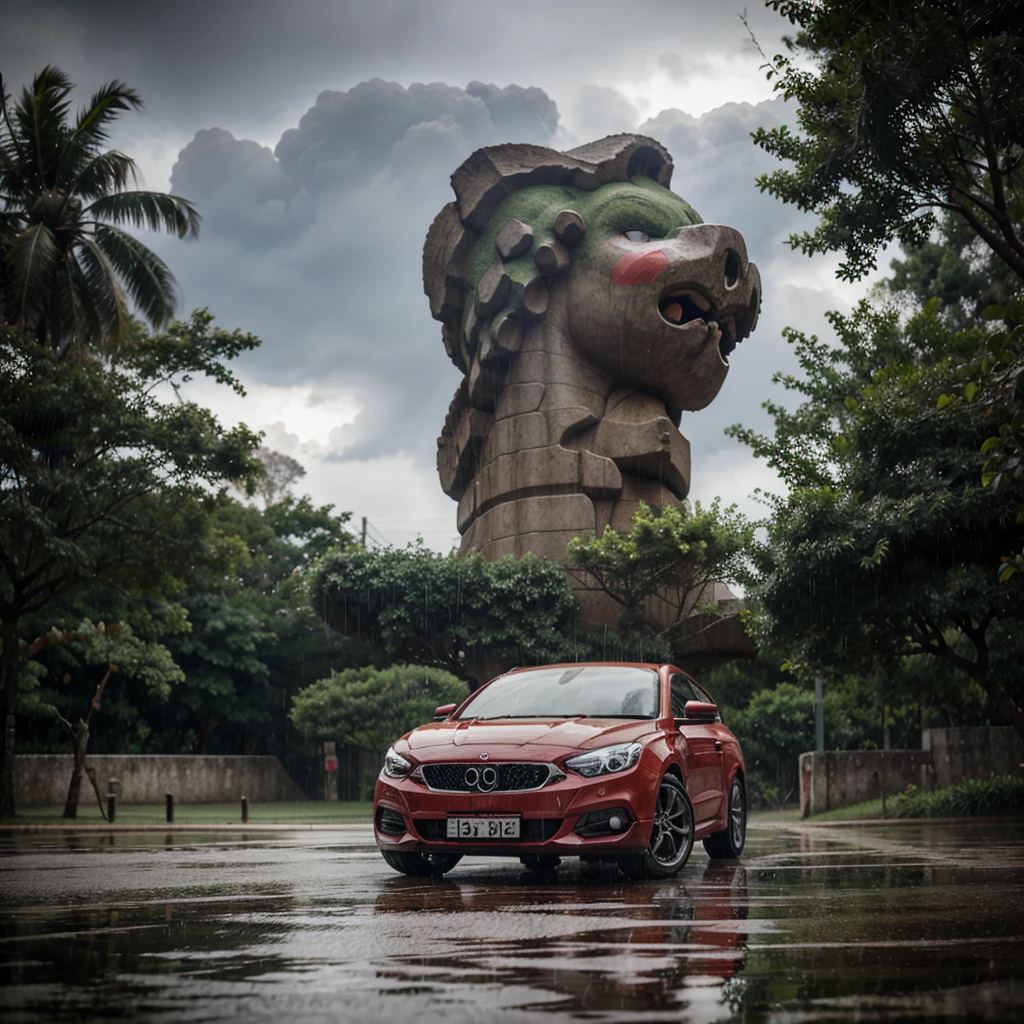 Brasil Red Onix parked, with the weather raining.