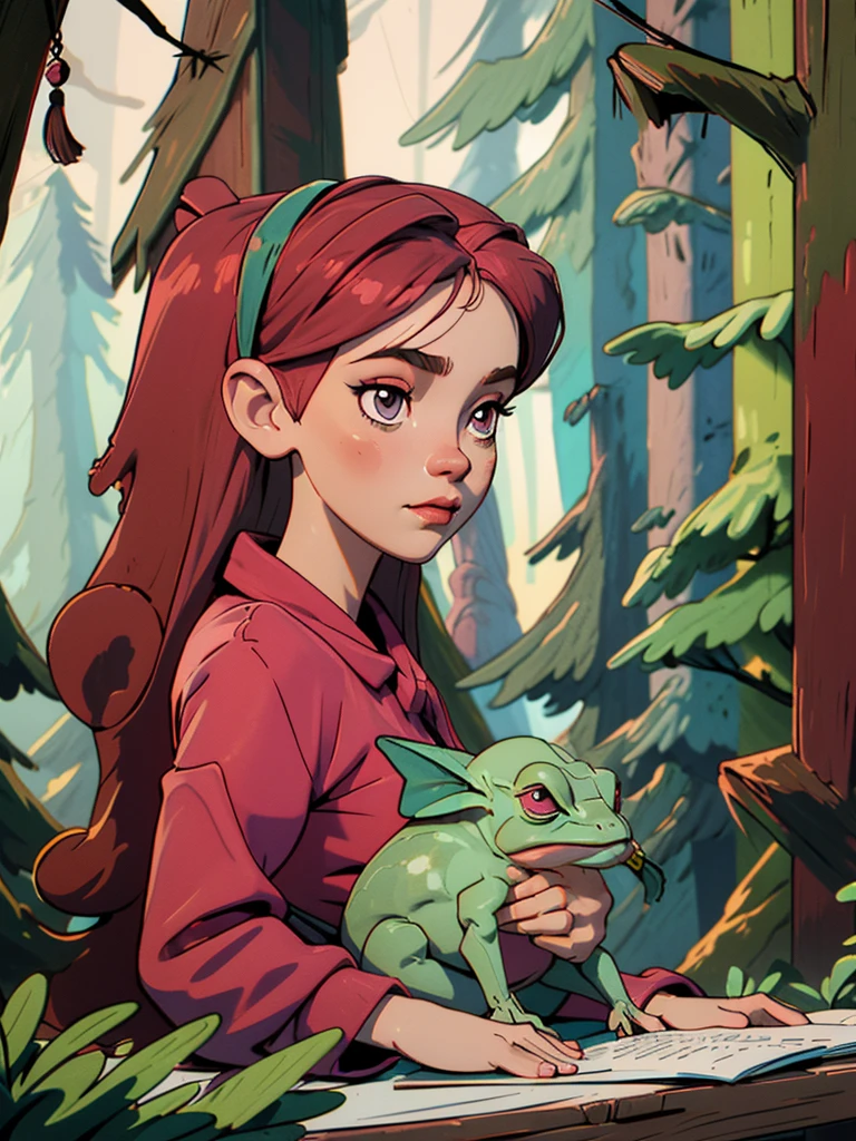 witch girl in the forest with herbs and potions. she has long pink hair, dark eyes, a witch dress, a hat with a frog on her head, a fairy forest in the background. close up of her face, hd
