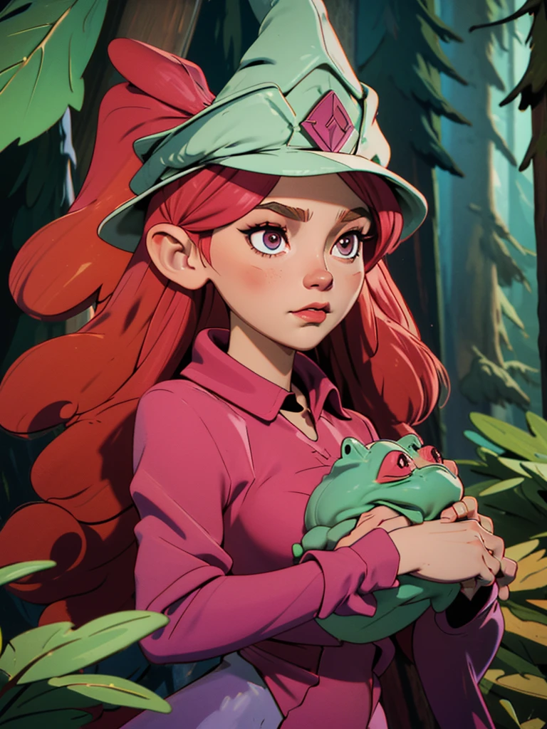 witch girl in the forest with herbs and potions. she has long pink hair, dark eyes, a witch dress, a hat with a frog on her head, a fairy forest in the background. close up of her face, hd