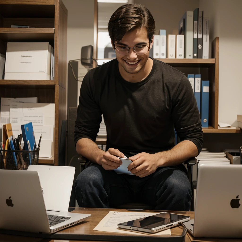 There is a man sitting at a table with a laptop,24-years-old,Working in the office,smile,Facing forward