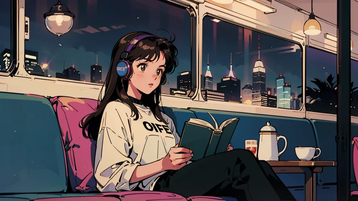 best quality, 8K, 1990s style,2010s hairstyles, 21 year old girl, black hair, long hair, light brown eyes, city pop, pants ,night view, wearing headphones,reading a book, whole body,  relax coffee,table,confection,Looking at me, cat
