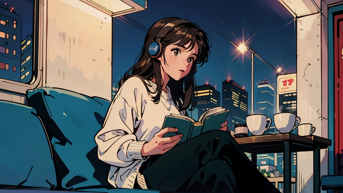 best quality, 8K, 1990s style,2010s hairstyles, 21 year old girl, black hair, long hair, light brown eyes, city pop, pants ,night view, wearing headphones,reading a book, whole body, relax coffee,table,confection,Looking at me, cat