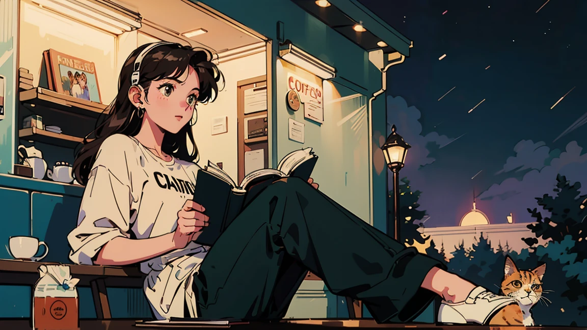 best quality, 8K, 1990s style,2010s hairstyles, 21 year old girl, black hair, long hair, light brown eyes, city pop, pants ,night view, wearing headphones,reading a book, whole body, relax coffee,table,confection,Looking at me, cat
