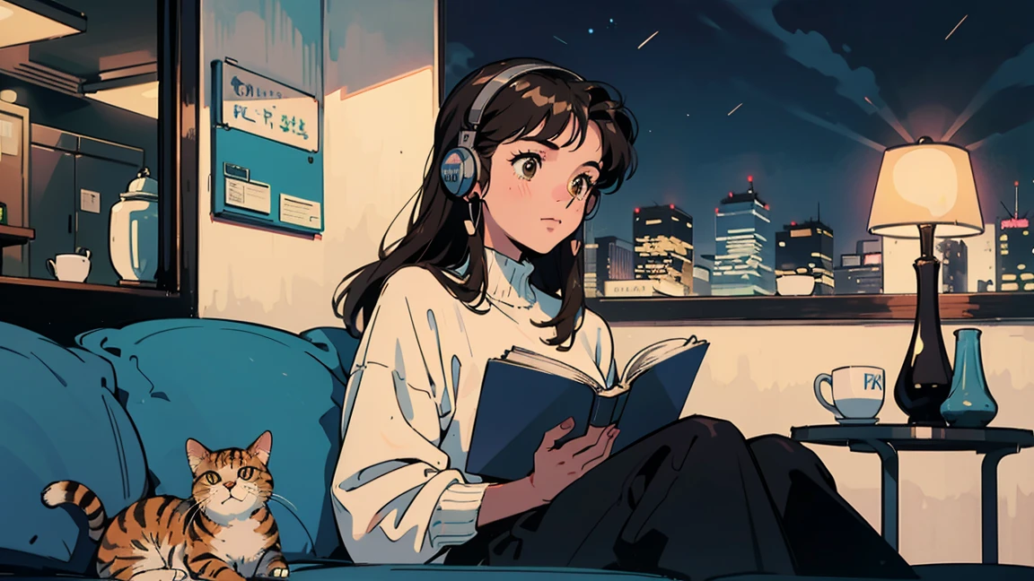 best quality, 8K, 1990s style,2010s hairstyles, 21 year old girl, black hair, long hair, light brown eyes, city pop, pants ,night view, wearing headphones,reading a book, whole body, relax coffee,table,confection,Looking at me, cat