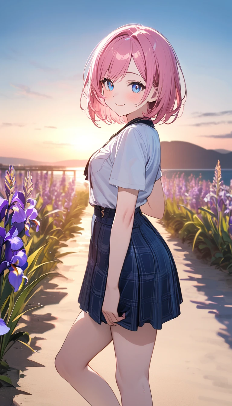 (1 girl),(Best Picture Quality, 8K, Masterpiece:1.3), (high school student:1.5), ((pink lob hair:1.1)), (bob cut),(swept bangs), (cute eyes, pupil black, iris skyblue, youthful face), (mole under right eye), (standard weight), (small breasts), (glistening skin:1.1),(pale skin:1.2),((Trendy fashion:1.3)),(wet:1.1),((summer scene:1.2)),(magnificent view),(overlooking),(Smile).