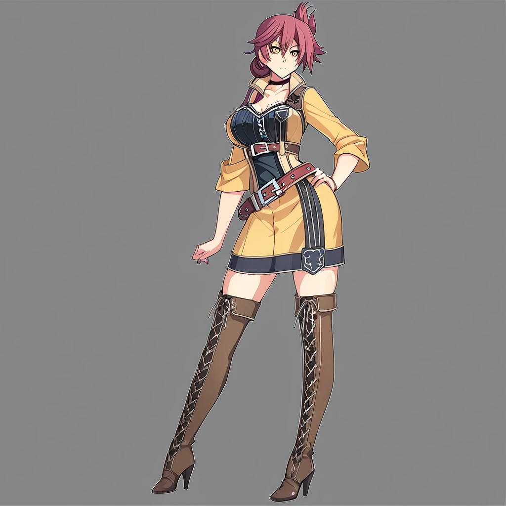 nsfw,,,,(sara valestein),(sen12),1girl, large breasts,choker, belt, yellow eyes, red hair,((high heel boots, Knee-high boots)),カウボーイショット