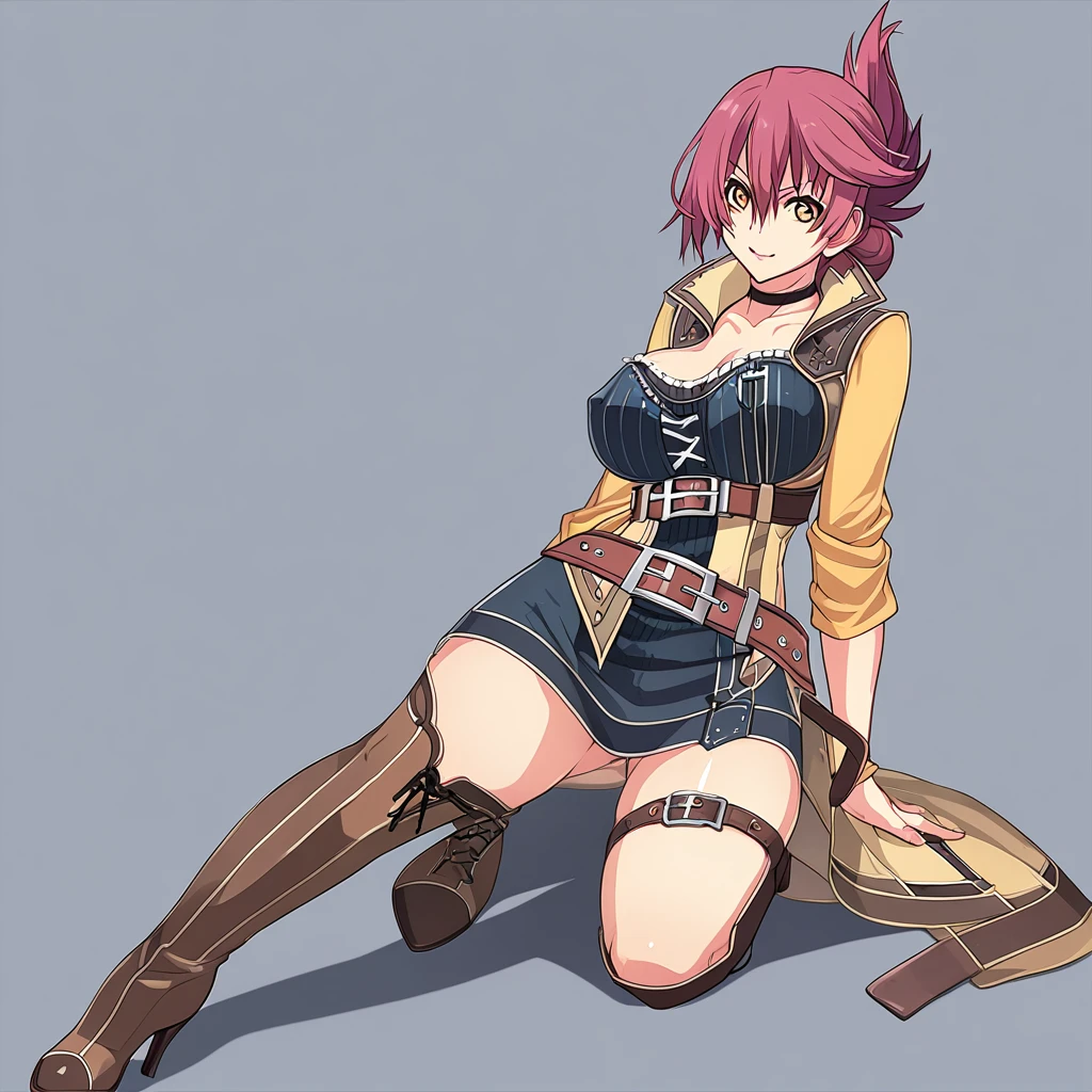 nsfw,,,,(sara valestein),(sen12),1girl, large breasts,choker, belt, yellow eyes, red hair,((high heel boots, Knee-high boots)),カウボーイショット