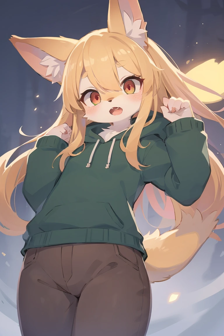 flat color, shota the fox, , was hairy, shaggy, skin fur, smooth lashes, golden fur, forelimb hands, straight long blonde hair, solid circle eyes, golden ears, golden fur, golden facial fur, shiny hair, red eyes, super cute face, 1fox tail, fluffy tail, furry tail, glowing eyes, green coat green hood down, brown trousers, open mouth, ambient light, ultra-fine fur, dashed eyes, masterpiece, high quality, high-details, best quality, (solo)