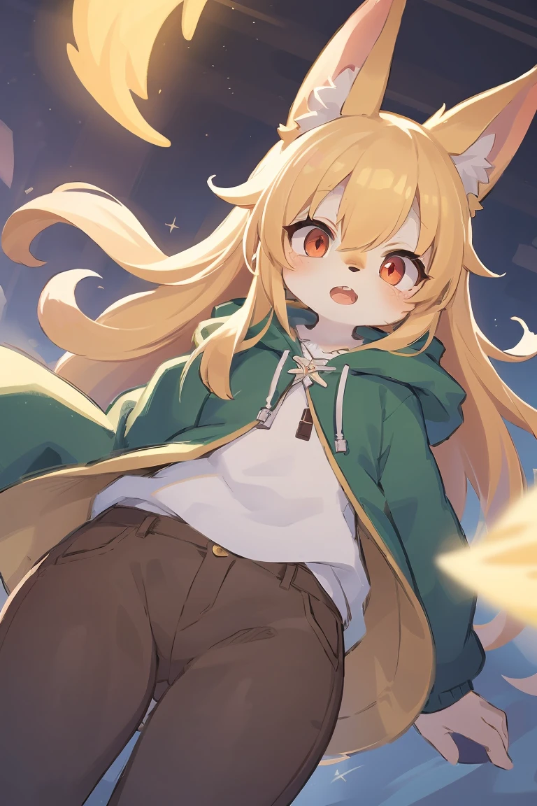 flat color, shota the fox, , was hairy, shaggy, skin fur, smooth lashes, golden fur, forelimb hands, straight long blonde hair, solid circle eyes, golden ears, golden fur, golden facial fur, shiny hair, red eyes, super cute face, 1fox tail, fluffy tail, furry tail, glowing eyes, green coat green hood down, brown trousers, open mouth, ambient light, ultra-fine fur, dashed eyes, masterpiece, high quality, high-details, best quality, (solo)
