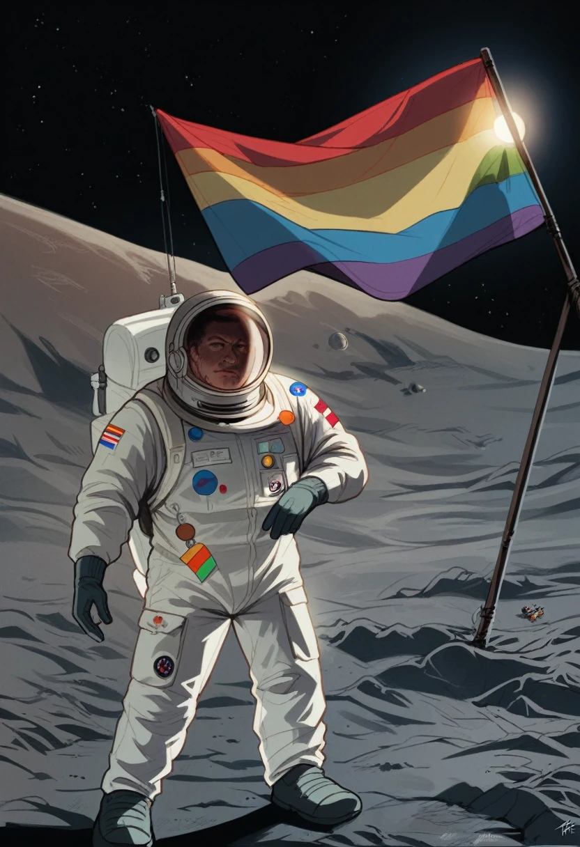 astronaut on the moon with a rainbow flag, moon landing, astronaut on the moon, on moon, on the moon, landing on the moon, standing on the moon, nasa, 🚀🌈🤩, neil leifer, lgbtq, the first landing on the moon, riding a horse on the moon, lunar walk, on the surface of the moon, pride flag in background