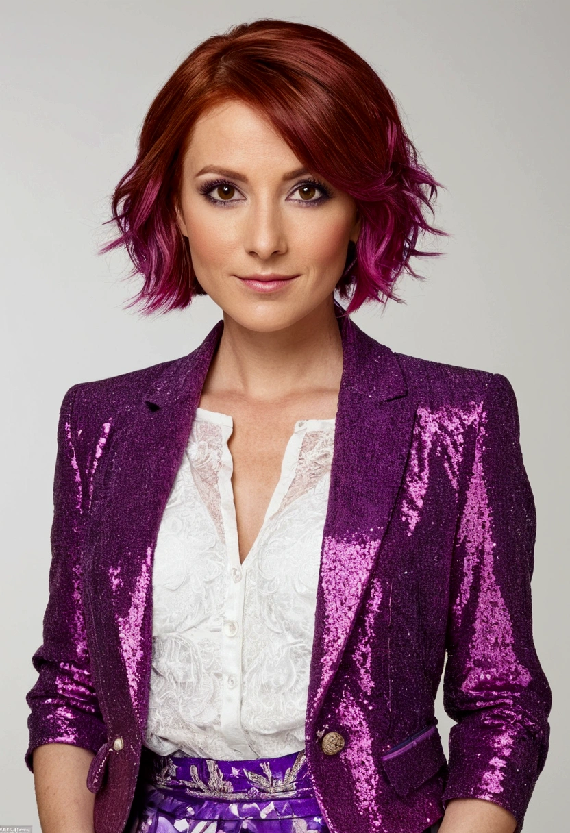 beautiful woman, 32 years old, short red hair, sparkling brown eyes, ~with , ~with a purple and pink blaser, skirt, And white background, intricate details,