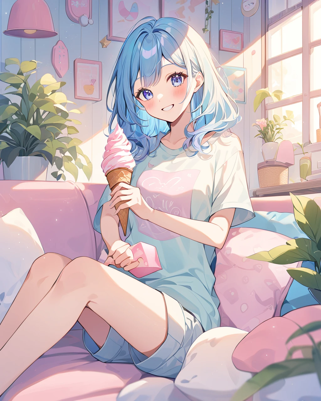 Create an anime-style illustration of a girl with long, wavy blue hair with pink highlights, wearing a casual oversized t-shirt and shorts. She is sitting on a blue couch in a cozy room with soft, pastel lighting. The girl is holding a pink ice cream cone and smiling warmly. The background includes plants and various wall decorations, giving a homely and relaxed atmosphere."