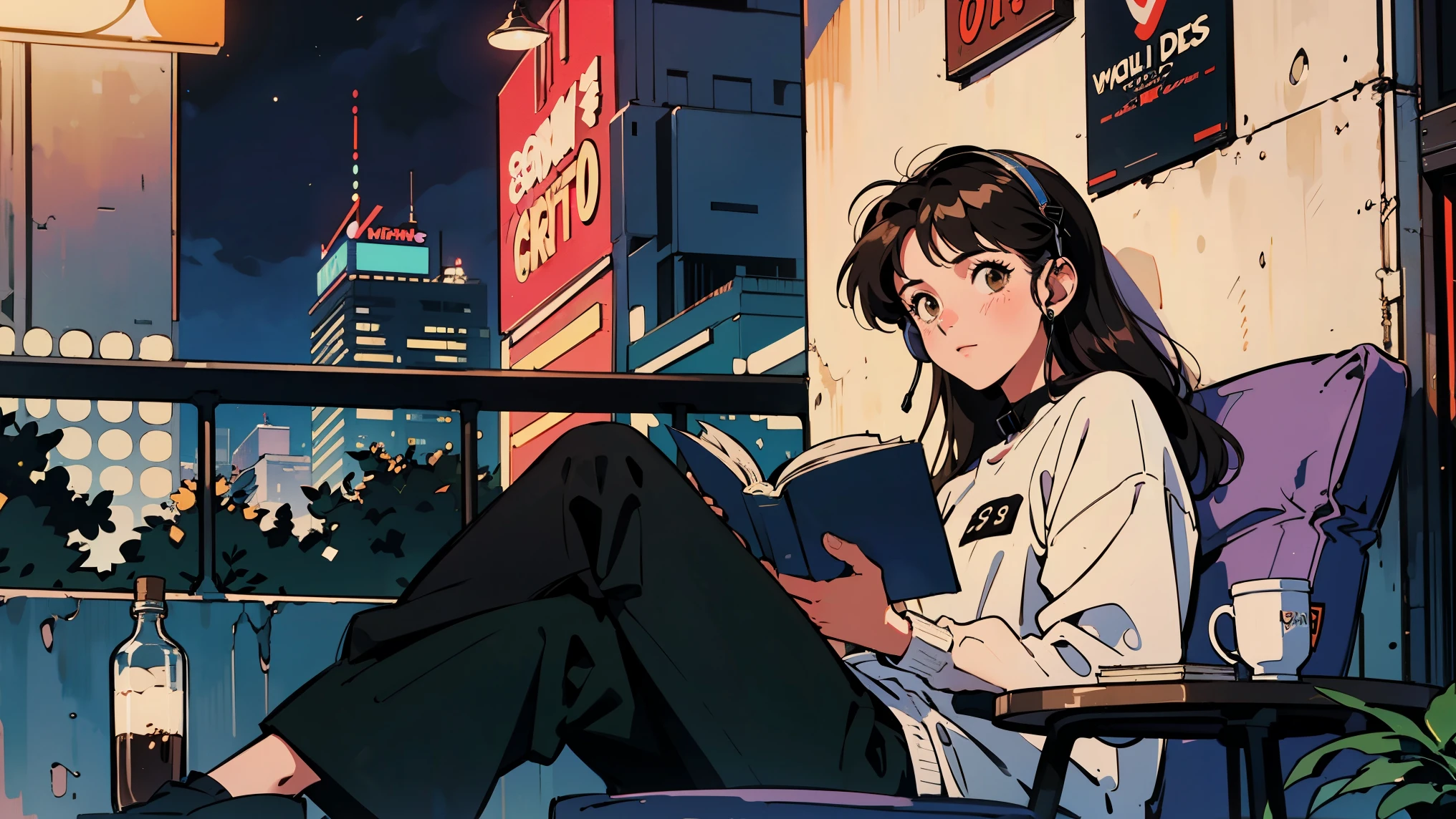 best quality, 8K, 1990s style,2010s hairstyles, 21 year old girl, black hair, long hair, light brown eyes, city pop, pants ,night view, wearing headphones,reading a book, whole body, relax coffee,table,confection,Looking at me