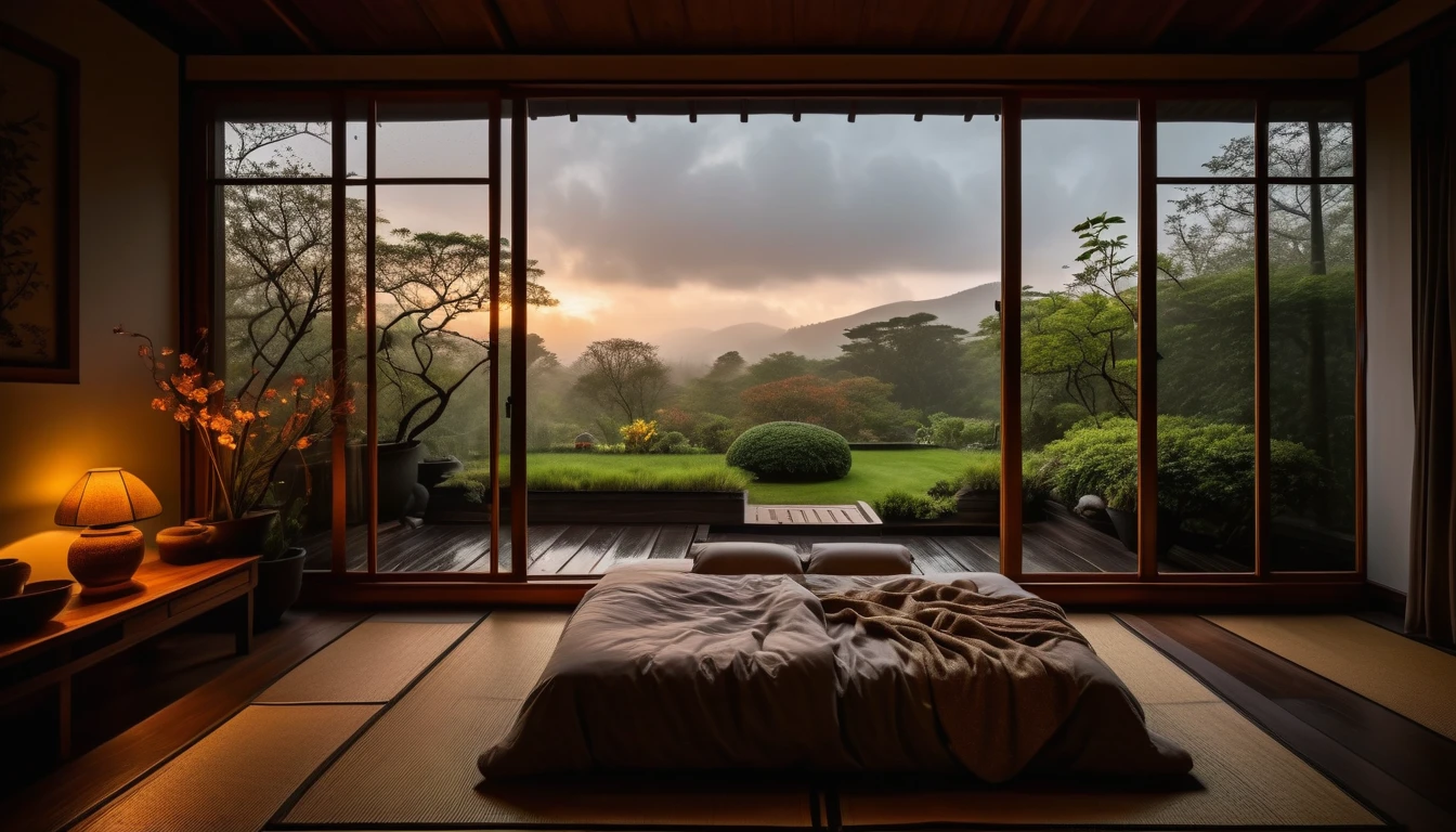 The picture shows a cozy bedroom with large windows offering views of a beautiful, dimly lit garden AND a garden filled with FLOWERS. CINEMATIC atmosphere, gloomy, dull, gloomy rain, cloudy outside JAPANESE HOUSE, dark cloudy. This room has tatami floors, shoji doors, and minimalist wooden furniture. . The bed was unmade with rumpled sheets, indicating only a light sleep. looks dim, gloomy. Beside the bed there is a small table with a classic lamp that radiates warm light into the room. Outside the window you can see the lush greenery of the terrace or balcony area, the rain is falling, the lamp on the left provides warm lighting, creating a calm and peaceful atmosphere. the room was dark, gloomy with fog obscuring part of the view in the distance. The contrast between the warmth indoors and the rain outdoors creates an inviting and calming atmosphere
