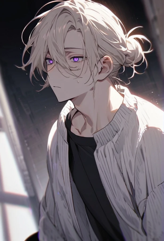 is a tall young man with a lean muscular build, with fair skin, thin, rectangular bright purple eyes, and white pupils. He also had long platinum blond hair just past his shoulders, worn and swept away from his face. wears his hair in a messy bun. he wears a loose white sweater along with black pants and black shoes.