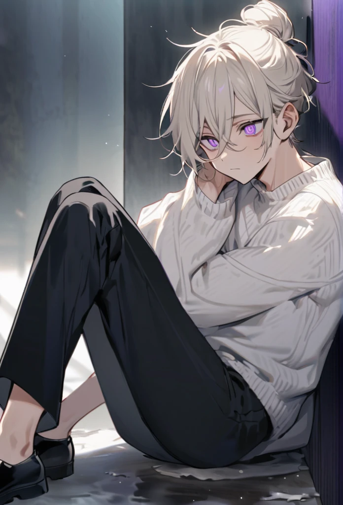 is a tall young man with a lean muscular build, with fair skin, thin, rectangular bright purple eyes, and white pupils. He also had long platinum blond hair just past his shoulders, worn and swept away from his face. wears his hair in a messy bun. he wears a loose white sweater along with black pants and black shoes.