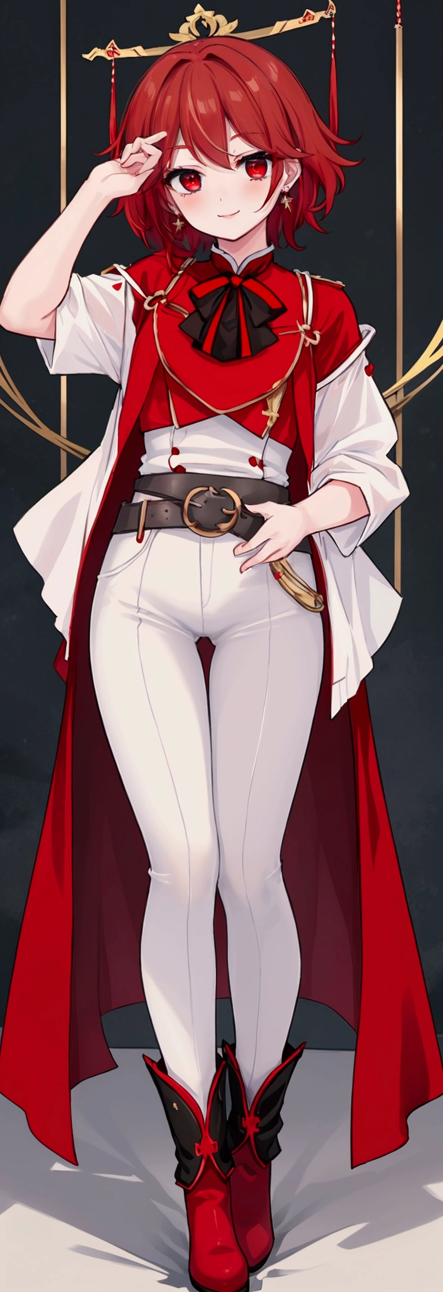 boy, 短い明るいRed hair, Grey Eyes, Expressive eyes, White skin, A kind smile,blouse,Beautiful Hands,Earrings、1人のboy、Red eyes、Red hair、Medium Hair、、hot pants、Highest quality、cute、whole body、boots、A dynamic pose