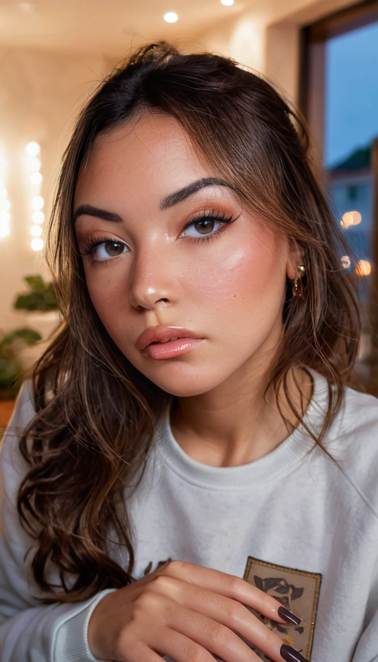 realistic, detailed, realistic details, intricate detail, break,, 1girl, solo, Eurasian, brunette, extremely beautiful, cute, detailed face, detailed skin complexion, beautiful eyes, parted lips, seductive, medium hair, , break,, simple background,, break,, portrait, f1.4/45mm, perspective, depth of field, proportion, focus on face, blurry background, bokeh, sharp focus, depth and dimension, proportion, rule of third, break,, finger nails, luxury house, night, without strabismus, shadows, wearing a legging and a sweatshirt, full body, without tatouage