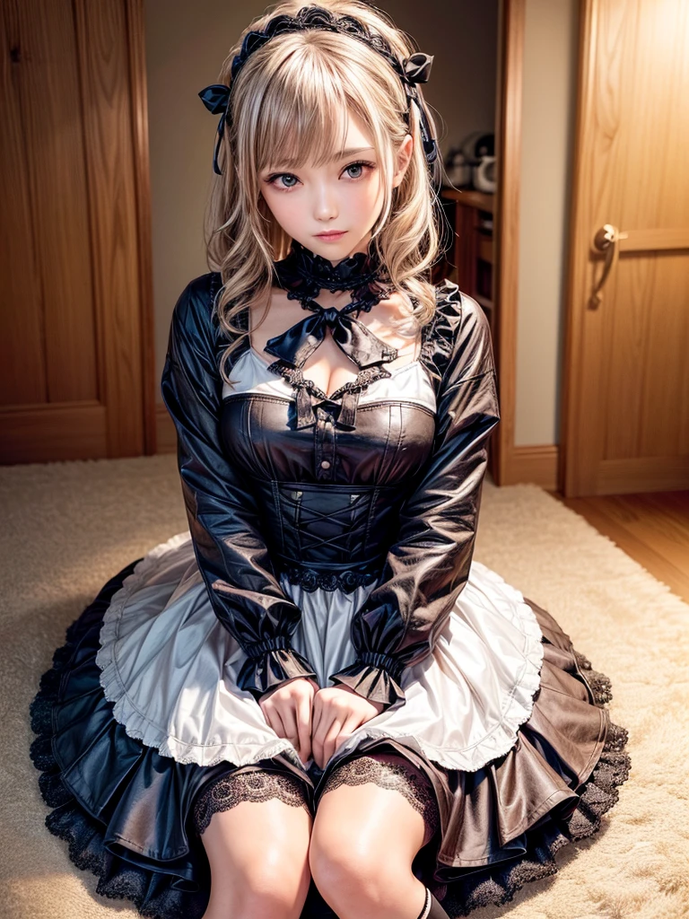 (8K, Photorealistic, Raw photo, of the highest quality: 1.3), (1girl in), Super beautiful, (Realistic face), (boyish, Silver Color Berry Shorthair), Beautiful , Glare that captivates the viewer, Beautiful expression, Beautiful breasts, (Realistic skin), Be...Super high quality, super high definition, super detailed, masterpiece, 20years old, female, cute, perfect face, beautiful, nice body, gothic lolita clothes, gothic lolita fashion, frilly skirt, headdress, necklace, bracelet, knee-high socks, boots, double eyelids, tear bags, Detailed down to the fingers, photo-like description, indoors, dim indoor lighting, blonde hair, pony tail, standing, whole body, composition that shows the whole body, smiling