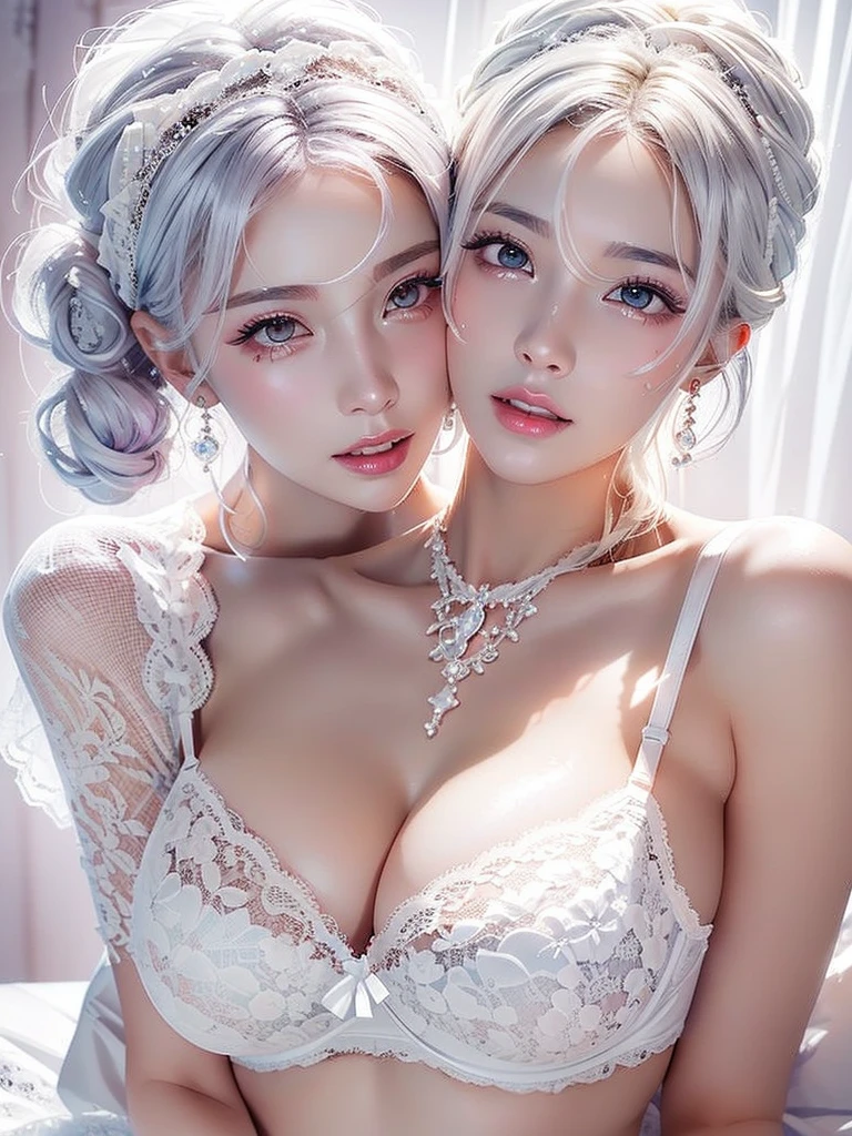 White Background、Professional Lighting、(((Professional Lighting 1.5)))、Translucent skin texture、Beautiful Skin、Beautiful Skin、、(((Whitening 1.5)))、、、音符のEcstasy、((White lace bra 1.5))、High leg、Mid-shot photo、Simple earrings and necklace、((white hair))、Tie your hair up、sex appeal、Sex Appeal、Ecstasy、(((1.5))、
