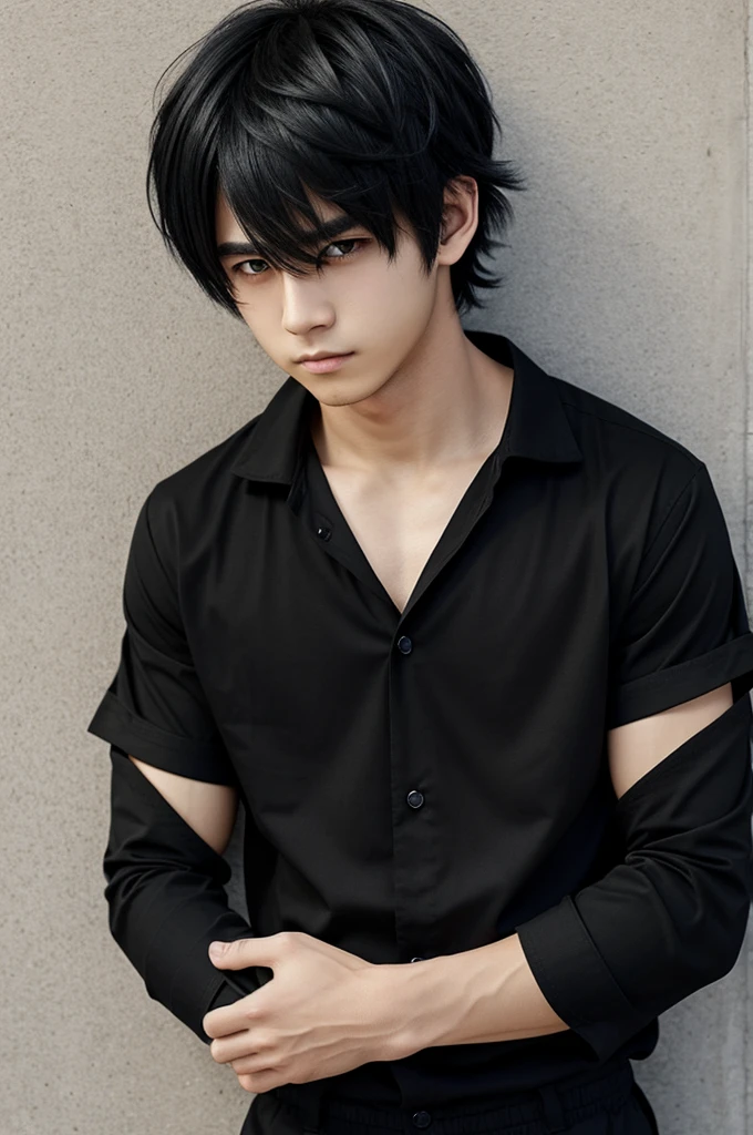An anime boy with a black shirt and black sleeves on his hands and short black pants and hair a chin above his eyes, black eyes