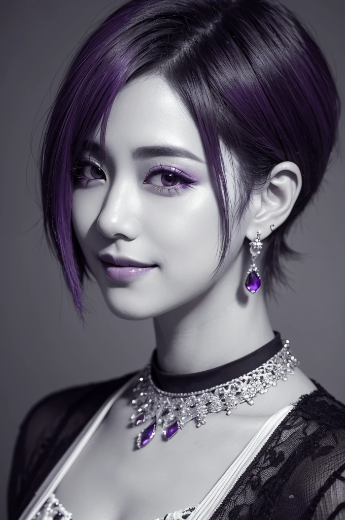 male,alone,short hair, Visual Kei, unity 8k icon, Super detailed, beautiful and aesthetic, beautiful, masterpiece, Highest quality,, Earrings, Close your eyes and smile, Monochrome, purple,