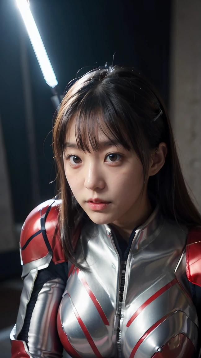 Ultraman、realistic、realistic、cinematic lighting, Girl in a shiny red and silver suit、、professional photos、Don'Do not expose your skin, japanese model, japanese cgi、Ultraman Suit、, Power Rangers Suit、tight and thin cyber suit,Whole body rubbery、There's pink There、 delicate body, big breasts、small ass、thin thighs、thin arms、thin waist、camel toe、Both sides of the cyber suit stick to the skin、Big eyes、black short hair、facing the front、facing the front立っている、A glowing sphere is embedded in the chest.、Essay Examination、 blue sky background