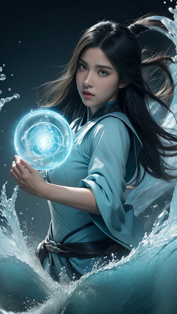 Water bender uniform, with long white hair controlling water, korra from the legend of korra,legend of korra setting, asian female water elemental, fan art, epic digital art illustration, steven artgerm lau, avatar the last airbender, big breast, robbed shirt, water elemet, water bender, water skill, White hair. Close up face, big breast, naughty face, katara hair,  water tsunami,  water ice.  ((BIG BREAST)) 