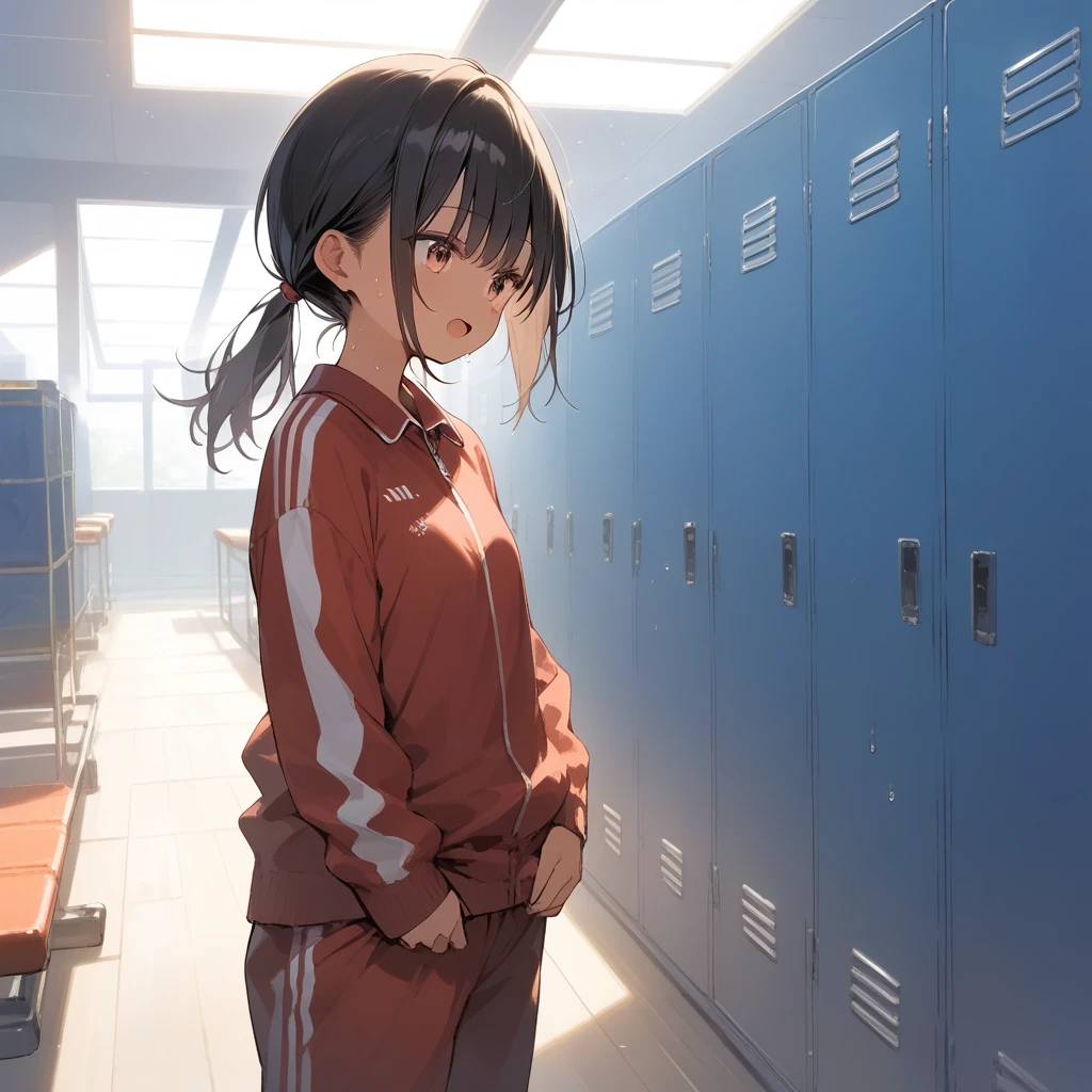 score_9, score_8_up, score_7_up, source_anime, best quality, masterpiece, official art, absurdres, highres, ultra-detailed,waifu2x,Collection: Slice of Life,break,1girl, tomboy, dark-skinned female, short hair, low ponytail, flat chest, track suit, underwear, bra, beautiful detailed eyes, dressing, sweat, open mouth, (yawn:0.3), sleepily, locker room, indoors, wind,break,(clear line illustration:1.2), super detailed skin,very high resolution, very aesthetic, Best sexual lighting powered by famous artist, 8k,cute picture,beauty illustration,photoshop_(medium),,(Detailed Lighting),best anime 8k konachan wallpaper, pixiv contest winner,