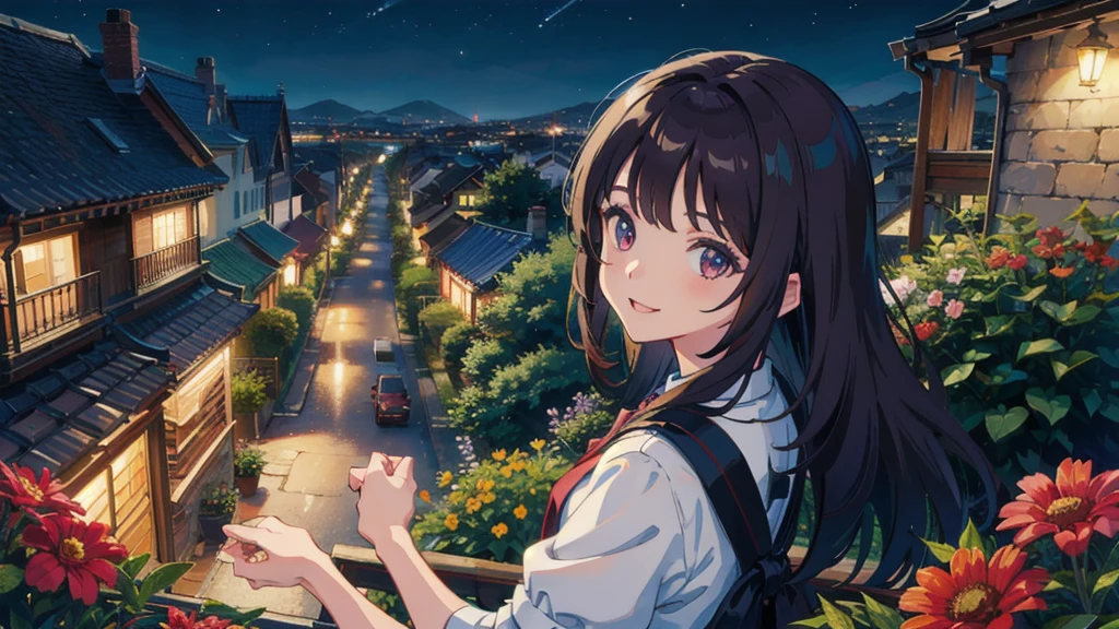 masterpiece,Highest quality,One Girl,The hair color is brown, Eye color: black, smile,countryside,Cityscape,night景,Flowers and plants,scenery,night,Light Perception,soft,