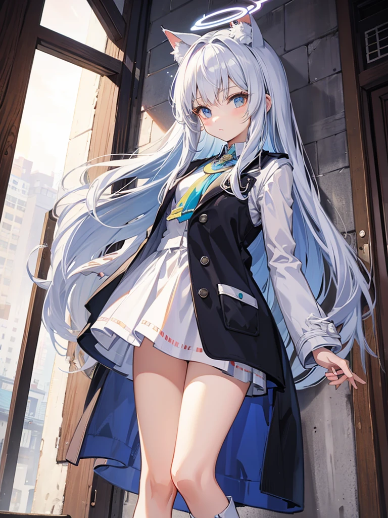 White silk tights,Short skirt,Boots,Lining,coat,White long hair,A cat lady,,small headdress,White, light blue, light pink,Standing,Halo