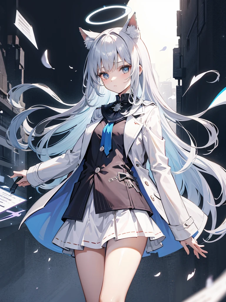 White silk tights,Short skirt,Boots,Lining,coat,White long hair,A cat lady,Loli,small headdress,White, light blue, light pink,Standing,Halo