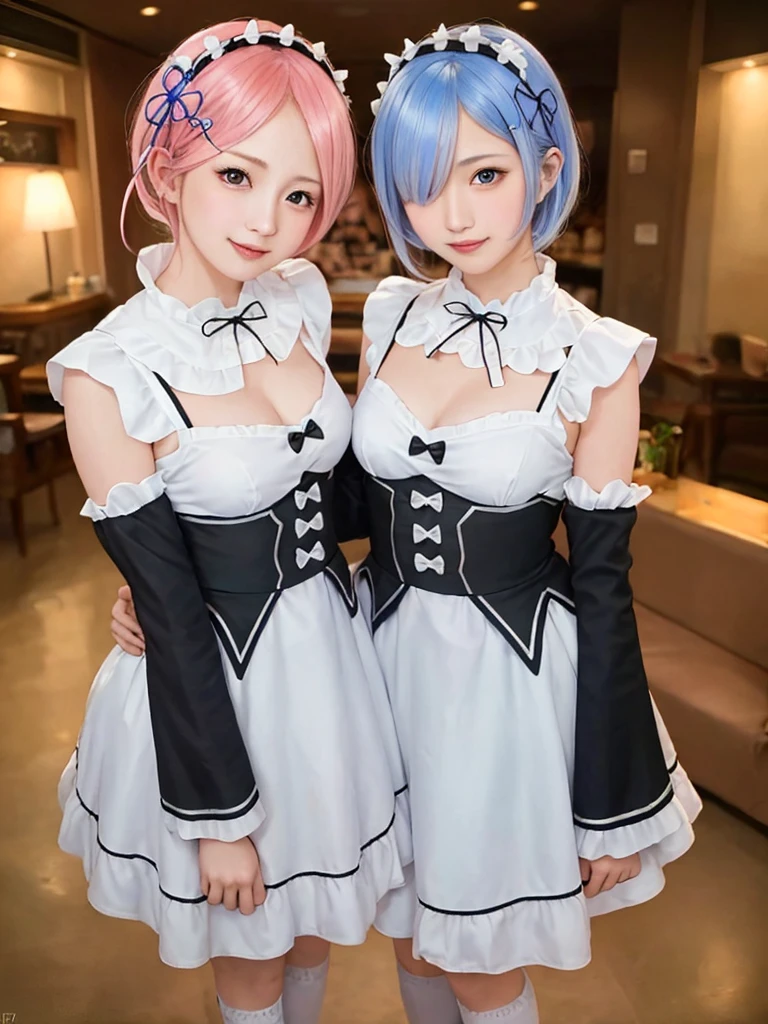 masterpiece, best quality, ultra-detailed, illustration, epic lighting, cinematic composition, colorful, sidelighting, lustrous skin, realistic, 3d face, (finely detailed beautiful eyes: 1.2), 1girl, rem_\(re:zero\),cute, medium breasts, blue hair, short hair, (hair over one eye:1.3), eyes_visible_through_hair, blue eyes, roswaal_mansion_maid_uniform, (head tilt:1.2), standing, close-up, fantasy, summer, night sky, stars, nebula, blue flowers, garden, blue roses, moonlight, peaceful, serenity, (8k:1.1),