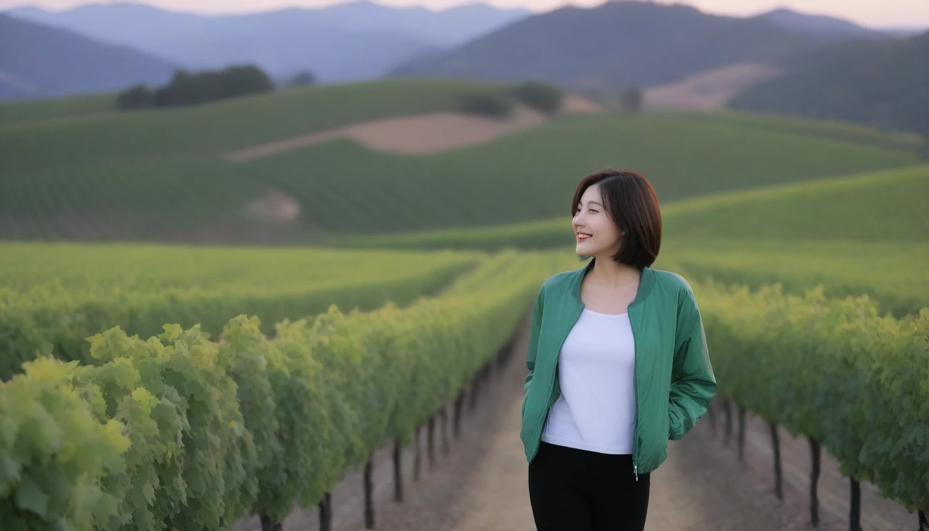 beautiful scenery, 8K Top Quality, Vivid picture quality, 1 woman, Beautiful 36-year-old Korean woman, Chest size 34 inches, Model-level beautiful woman, Napa Valley, California, USA, dawn, vineyard, 멀리 짙은 안개 속에 끝없는 vineyard이 보인다. Red sunshine, The background is realistic and vivid quality.., short medium bob hair, White t-shirt that goes up to the neck , High-end luxury brand windbreaker jacket, Black pants, Perfect and realistic photos, The background is realistic.. Full body shot with Canon camera 16-35 wide angle lens, Smiling, 짙은 안개가 자욱한 포도원 언덕에서 vineyard을 내려다 보며, Walking towards the front camera