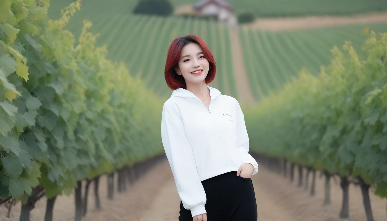 beautiful scenery, 8K Top Quality, Vivid picture quality, 1 woman, Beautiful 36-year-old Korean woman, Chest size 34 inches, Model-level beautiful woman, Napa Valley, California, USA, dawn, vineyard, 멀리 짙은 안개 속에 끝없는 vineyard이 보인다. Red sunshine, The background is realistic and vivid quality.., short medium bob hair, White t-shirt that goes up to the neck , High-end luxury brand windbreaker jacket, Black pants, Perfect and realistic photos, The background is realistic.. Full body shot with Canon camera 16-35 wide angle lens, Smiling, 짙은 안개가 자욱한 포도원 언덕에서 vineyard을 내려다 보며, Walking towards the front camera