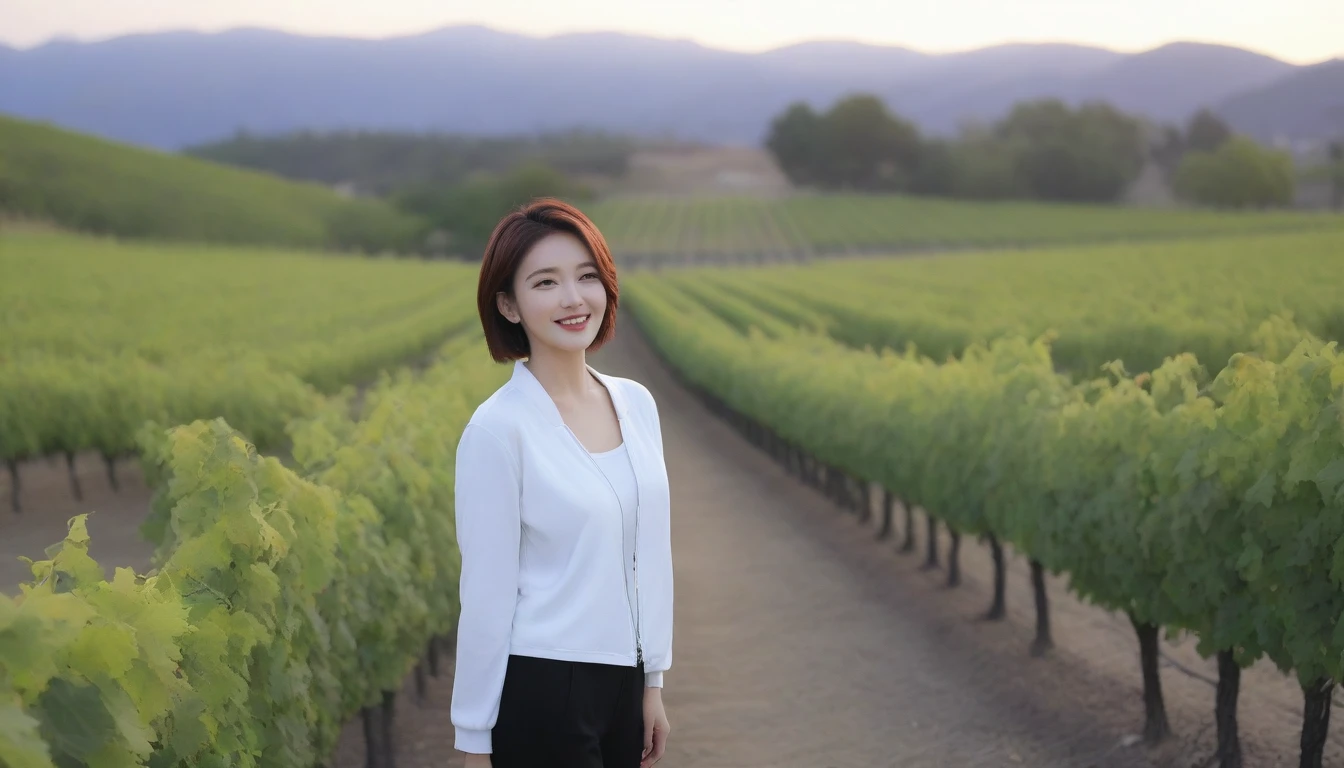 beautiful scenery, 8K Top Quality, Vivid picture quality, 1 woman, Beautiful 36-year-old Korean woman, Chest size 34 inches, Model-level beautiful woman, Napa Valley, California, USA, dawn, vineyard, 멀리 짙은 안개 속에 끝없는 vineyard이 보인다. Red sunshine, The background is realistic and vivid quality.., short medium bob hair, White t-shirt that goes up to the neck , High-end luxury brand windbreaker jacket, Black pants, Perfect and realistic photos, The background is realistic.. Full body shot with Canon camera 16-35 wide angle lens, Smiling, 짙은 안개가 자욱한 포도원 언덕에서 vineyard을 내려다 보며, Walking towards the front camera