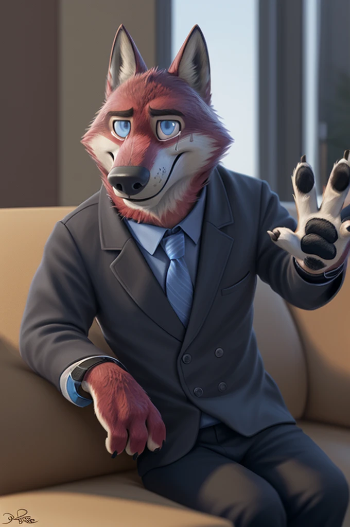 Joachim Wolfbach (Zootopia),tall handsome, wolf,young, 24 years, brown fur, hair on the head,(red body:1.3),Blue eyes, Moscow Dressed, shirt,blazer, tie,trousers,canine, wolf, detailed fur, Male, antro, paw pads, finger claws, waving, waving at viewer, 5 fingers, paws, 5 fingers, smile, happy, resting, wrist watch, т nextel, sitting at home watching TV, by xenoforge, (difficult, high detail, film photography, soft focus, RAW after armies,
Photorealism, realistic, photorealistic, analog style, Subsurface scattering,tears crying,
masterpiece, Best quality, ultra realistic, 8 k)