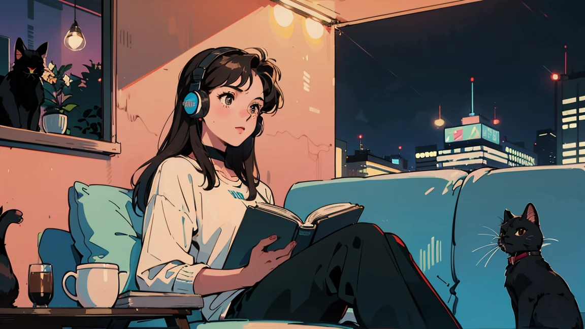best quality, 8K, 1990s style,2010s hairstyles, 21 year old girl, black hair, long hair, light brown eyes, city pop, pants ,night view, wearing headphones,reading a book, whole body,  relax coffee,table,confection,Looking at me, Black cat
