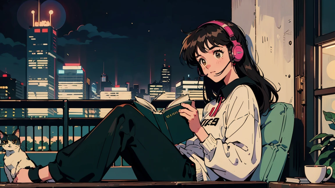 best quality, 8K, 1990s style,2010s hairstyles, 21 year old girl, black hair, long hair, light brown eyes, city pop, pants ,night view, wearing headphones,reading a book, whole body,  relax coffee,table,confection,Looking at me, Black cat
