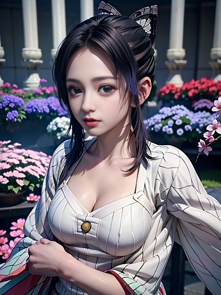 Realistic, Super detailed, High resolution, highest quality, Super detailedな,1 Female , Official Art, unity 8k wallpaper, Super detailed, beautiful and aesthetic, beautiful, masterpiece,( Super busty breasts:1.8,Small waist)、Glowing Skin,masterpiece, wonderful, (CG illustration),Asian, Ultra-realistic textured face and skin、Accurate anatomy、samurai、Colorful armor、Radiation Hair, bangs,Short Bob、((samurai))、sword,Facial details、Dynamic Pose、Dynamic Action、Dynamic Angle、Detailed Background、Wisteria flower、In combat、duel、Degrees of Freedom:1.3