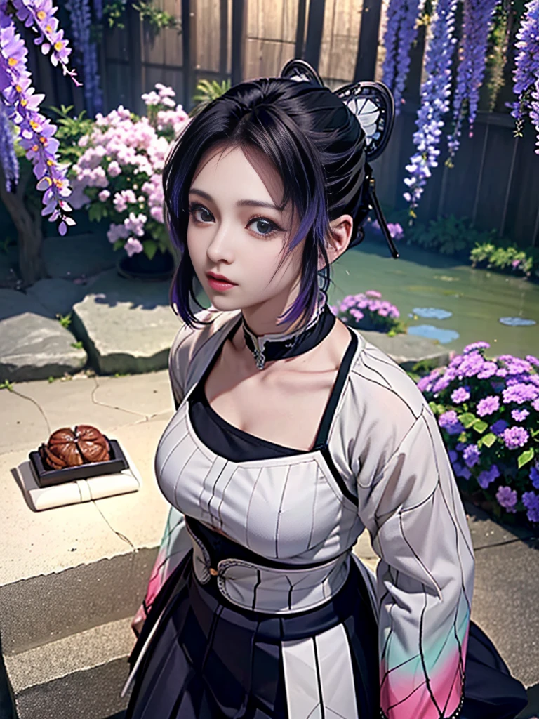 Realistic, Super detailed, High resolution, highest quality, Super detailedな,1 Female , Official Art, unity 8k wallpaper, Super detailed, beautiful and aesthetic, beautiful, masterpiece,( Super busty breasts:1.8,Small waist)、Glowing Skin,masterpiece, wonderful, (CG illustration),Asian, Ultra-realistic textured face and skin、Accurate anatomy、samurai、Colorful armor、Radiation Hair, bangs,Short Bob、((samurai))、sword,Facial details、Dynamic Pose、Dynamic Action、Dynamic Angle、Detailed Background、Wisteria flower、In combat、duel、Degrees of Freedom:1.3