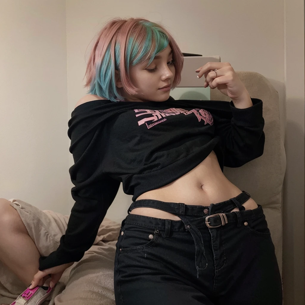 girl 21 years old, short shoulder-length hair, pink hair color