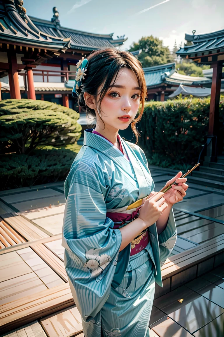 1girl, solo, from above, (white lily flowers), aesthetic, intricate, best quality, detailed background, Sayaka Miki, ((girl wearing a patterned teal kimono:1.2)), (walking in zen garden),  casual pose, detailed textures, posing, floral print, hair flower, hair ornament, japanese clothes, kimono, obi, outdoors, pagoda, petals, (teal kimono), sash, shrine, sky, stone stairs, torii, wide sleeves, yukata 