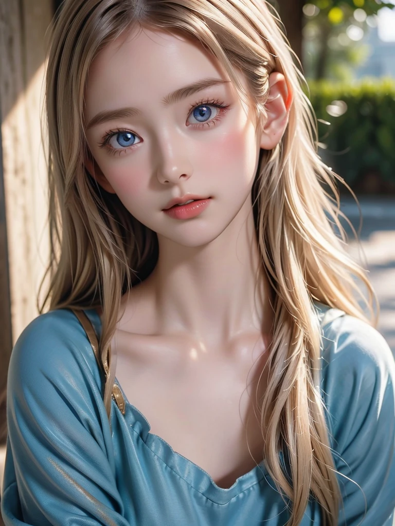 One Girl，(1人のとてもcute女の子:1.3)，masterpiece，Highest quality，High resolution，From below，Low - Angle，Photorealistic，RAW Photos，Ray Tracing，Physically Based Rendering，beautiful girl，(12 years old:1.3)，cute，Big Blue Eyes，(detailed pupils:1.2)，(The face is facing straight ahead:1.3)，Body facing forward，Beautiful nose，Upturned nose，Fuller lips，Platinum Blonde Hair，Detailed eyelashes，Thin eyebrows，Very fine grain definition，(Symmetrical eyes，Golden Ratio:1.3)，(Face close-up，Face Focus:1.0)，Small breasts，Short neck，Light blue dress，White apron，forest，Alice in Wonderland，Spring sunlight，Soft Light，Portrait，View Viewer，Upper Body，Cinema Lighting，High resolution，Very detailed