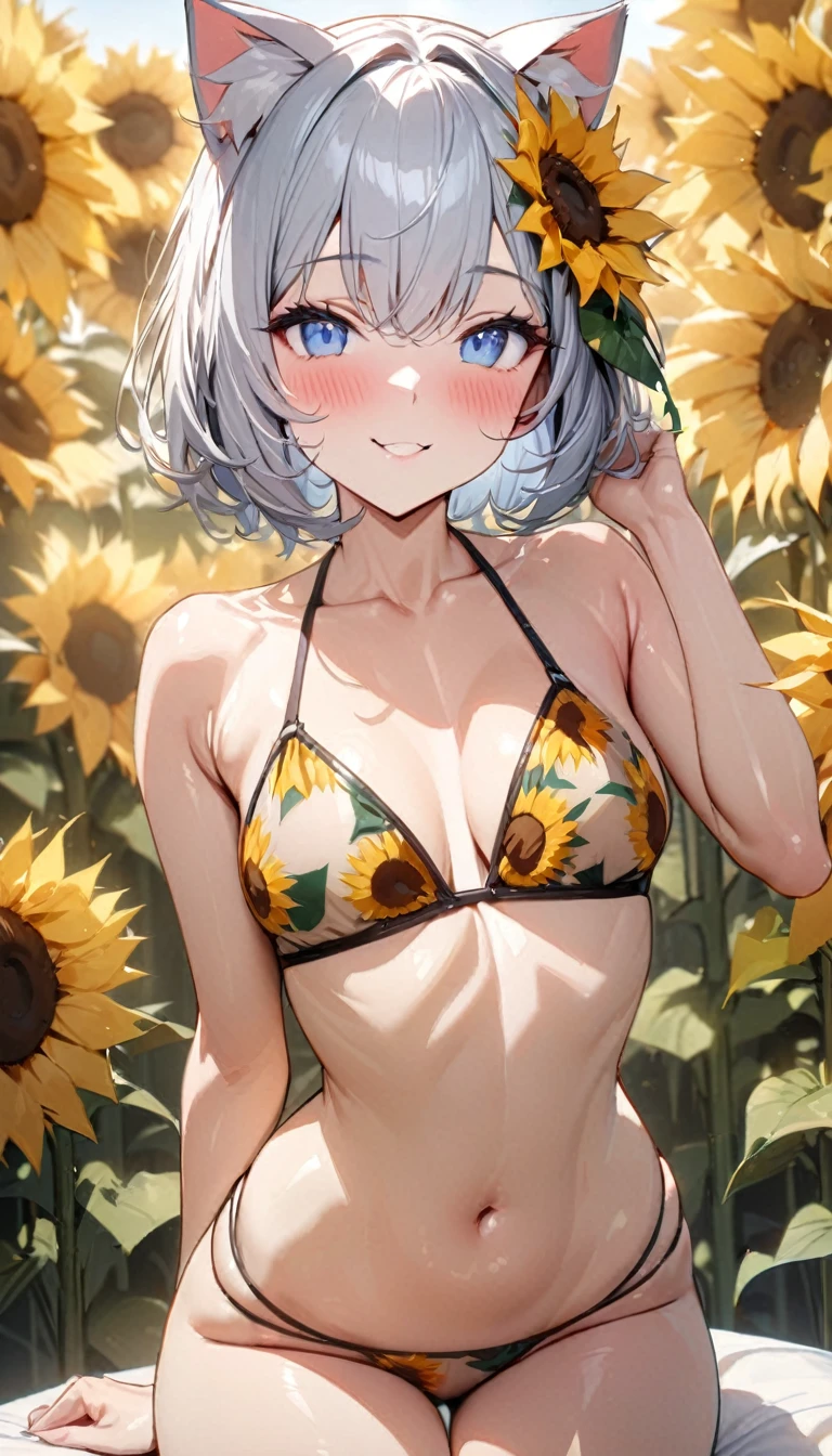 (((best quality)), ((masterpiece)), (details), masterpiece, best quality, high quality, ulutra detailed, perfect face, ((1girl, blue eyes, cat ears: 1.3 silver bob hair: 2.5,)) 、Shiny Hair、Glowing Skin、blush、Lustful look、smile、Sunflower print bikini、Sunflower hair accessory、Sunflower field background、whole body、Sexy pose