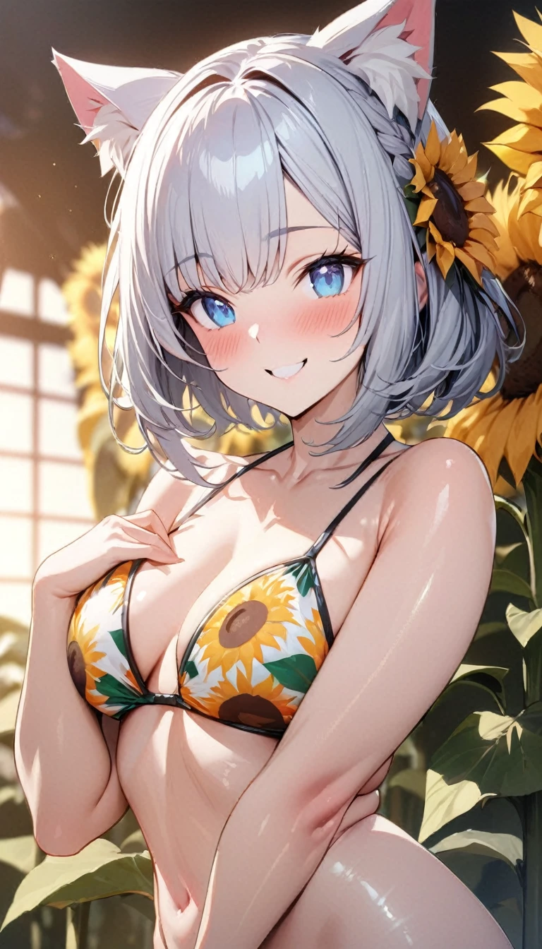 (((best quality)), ((masterpiece)), (details), masterpiece, best quality, high quality, ulutra detailed, perfect face, ((1girl, blue eyes, cat ears: 1.3 silver bob hair: 2.5,)) 、Shiny Hair、Glowing Skin、blush、Lustful look、smile、Sunflower print bikini、Sunflower hair accessory、Sunflower field background、whole body、Sexy pose