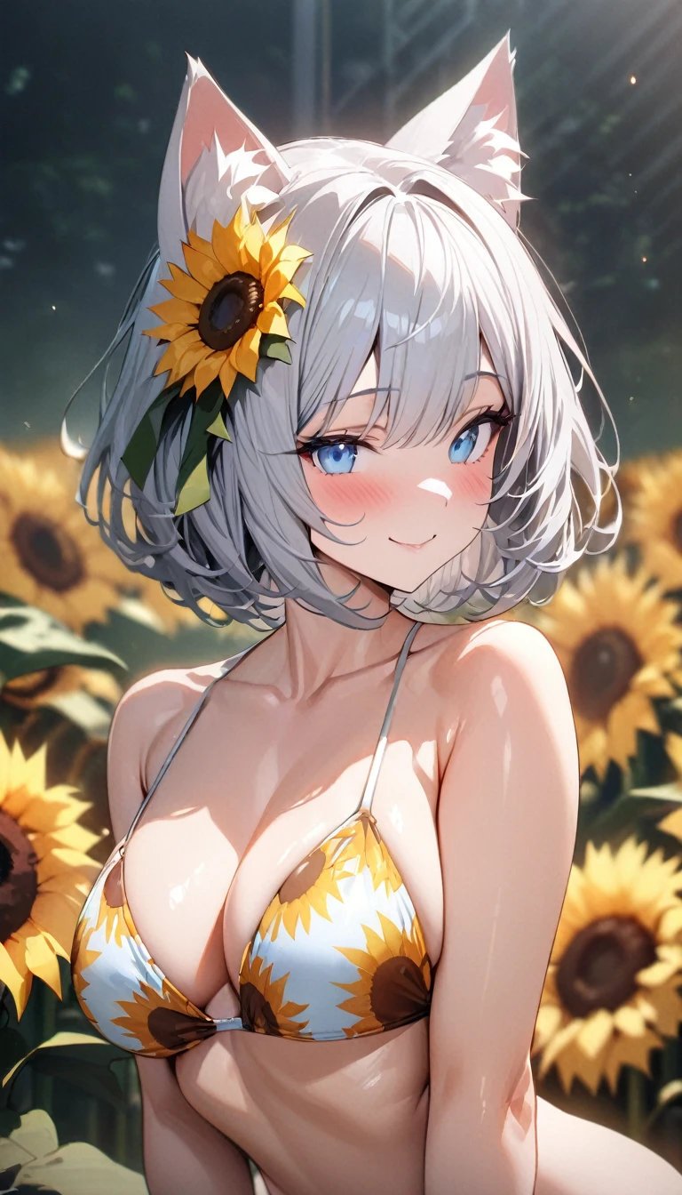 (((best quality)), ((masterpiece)), (details), masterpiece, best quality, high quality, ulutra detailed, perfect face, ((1girl, blue eyes, cat ears: 1.3 silver bob hair: 2.5,)) 、Shiny Hair、Glowing Skin、blush、Lustful look、smile、Sunflower print bikini、Sunflower hair accessory、Sunflower field background、whole body、Sexy pose